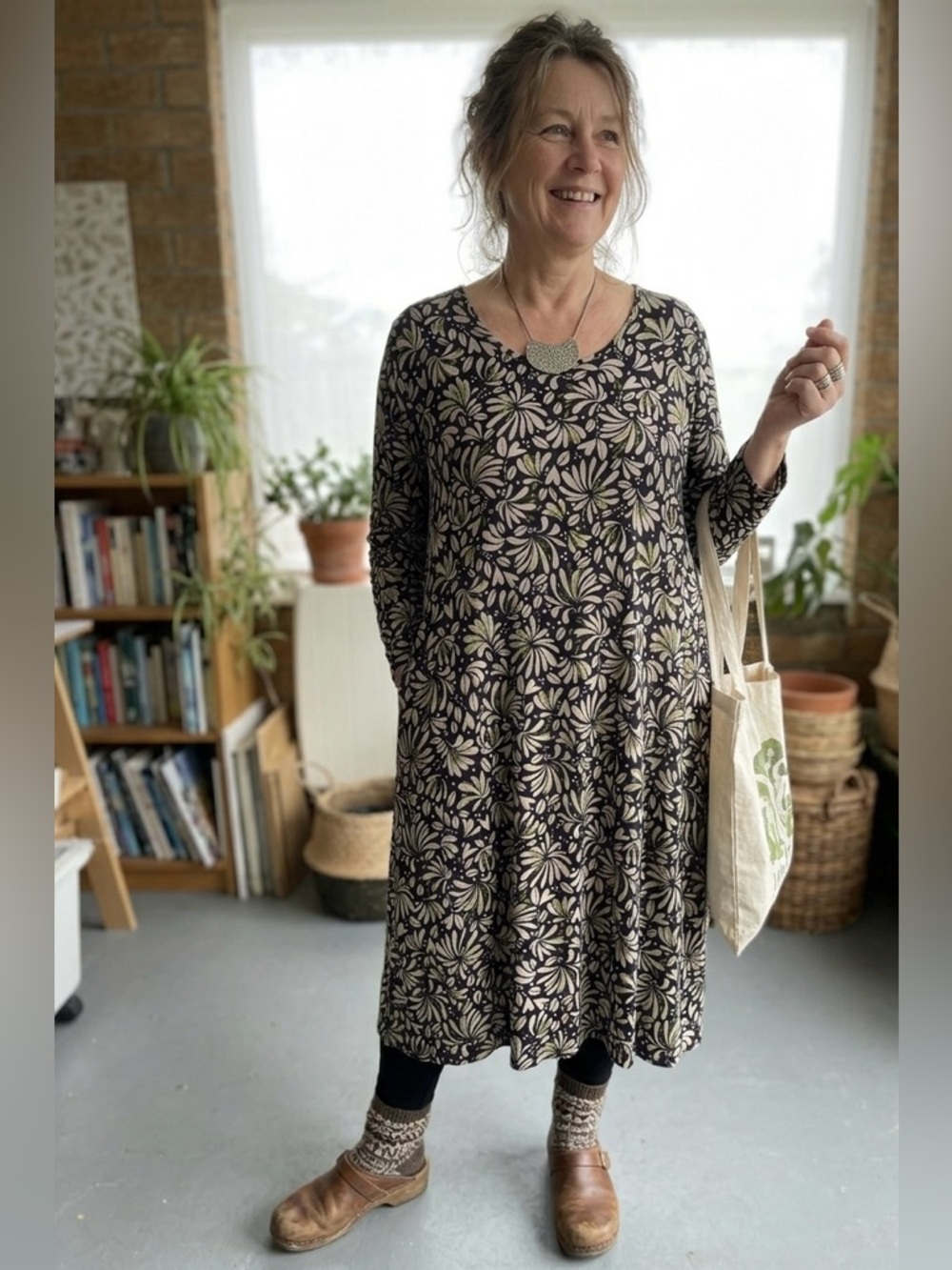 Gudrun Sjödén Floral Lyocell Dress XL Art Lagenlook Boho Eco-Friendly Pocket - Picture 2 of 10